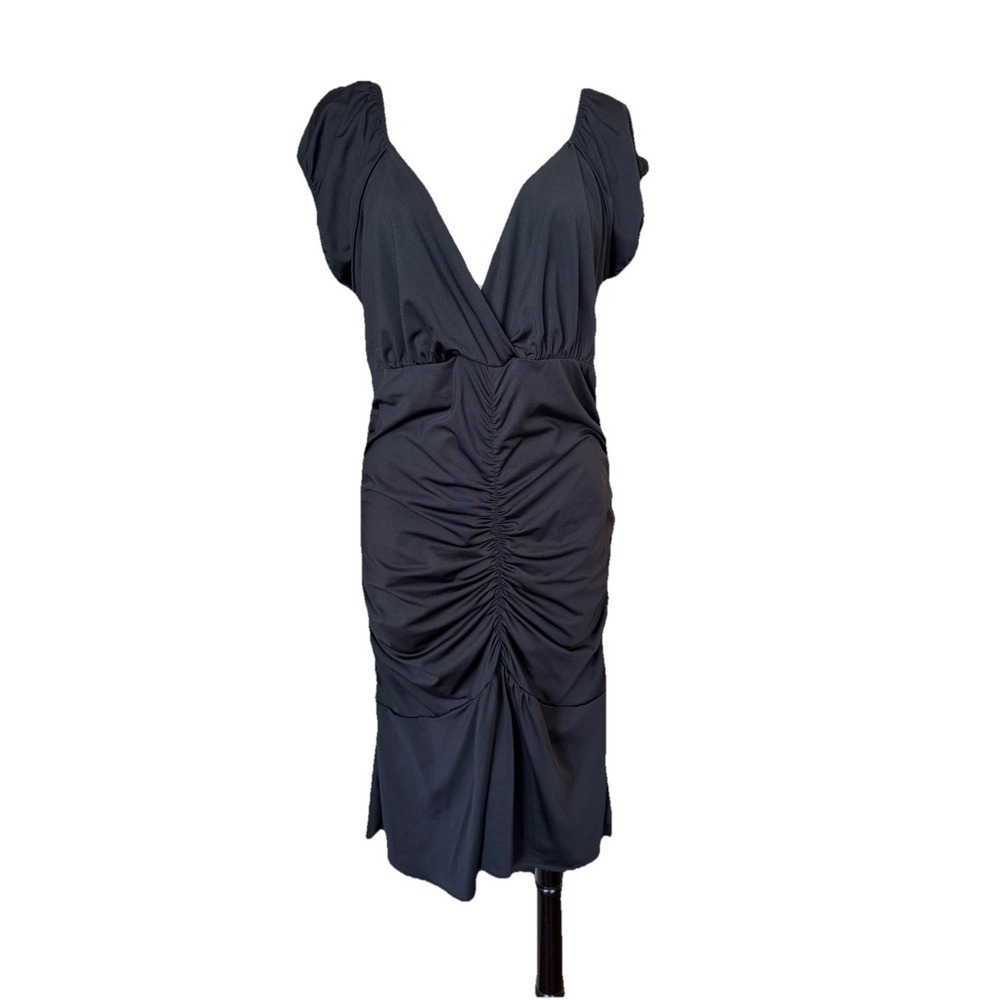 Susie Rose Womens XL Black Ruched Bodycon Dress V-Neck Cap Sleeve Midi High-Low